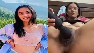 Black dildo vibrator in hairy pussy of horny girlfriend